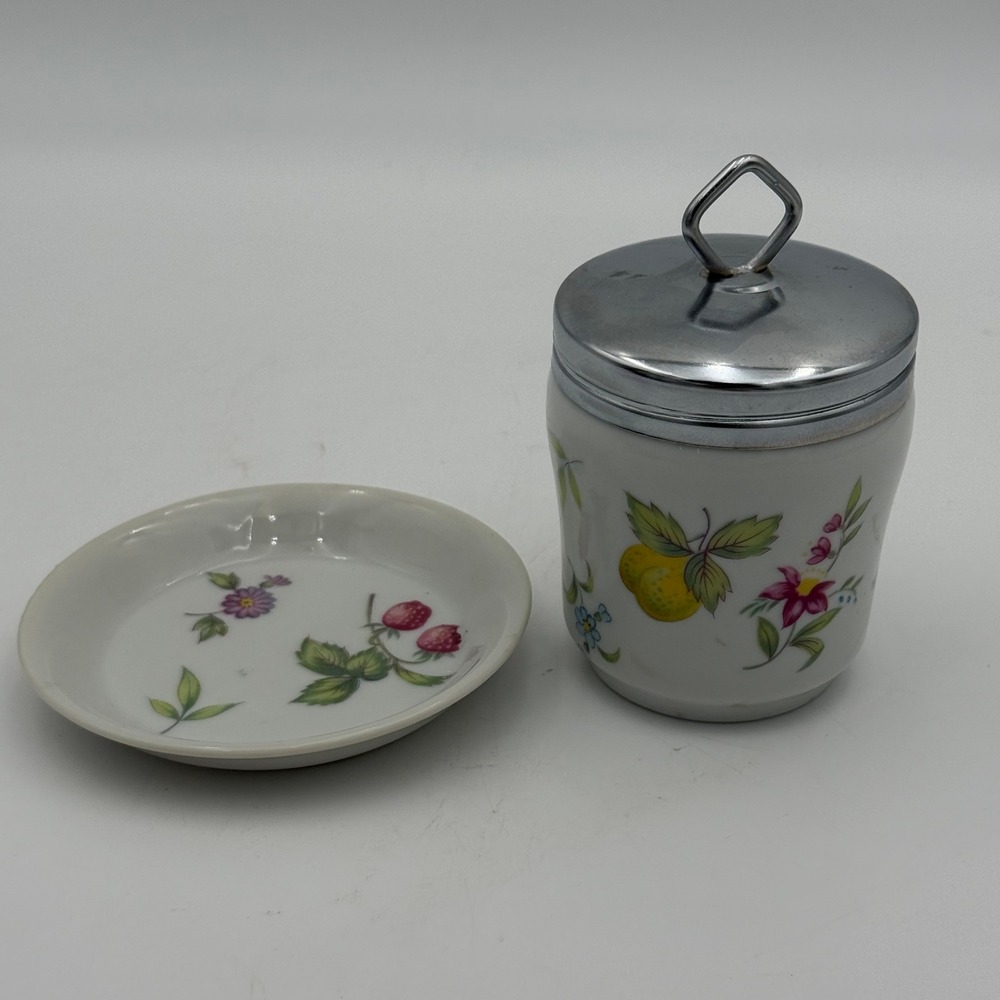 Vintage Festival Porcelain Egg Coddler with Chrome Lid and Matching Saucer Set